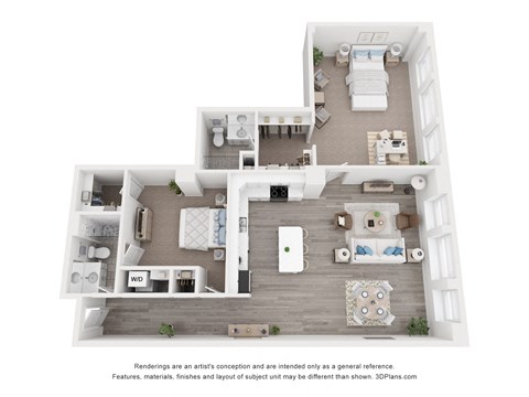 Floor plan for 2 beds, 2 baths, 932 sqft